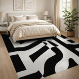 Washable Black and White Abstract Modern Low Pile Area Rug