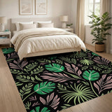 Boho Monstera Leaf Area Rug - Green Pink on Black
