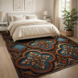 Ornate Teal Rust Quatrefoil Area Rug