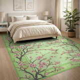 Pink Cherry Blossom Floral Area Rug on Light Green