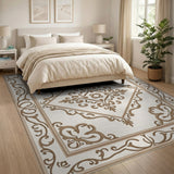 Ornate Cream Gold Floral Border Rug