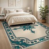 Ornate Teal Snowflake Motif Cream Area Rug