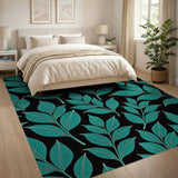 Teal Leaf Pattern Area Rug on Black