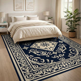 Navy Blue Ornate Persian Medallion Blue and Teal Rug