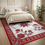 Red Rose Cutout Floral Area Rug with Ornate Border