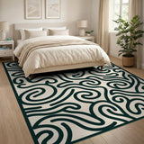 Black White Abstract Maze Swirl Area Rug