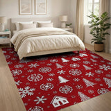 Red Festive Red Christmas Trees Snowflakes Area Rug