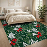 Dark Green Holly Berry Leaf Pattern Area Rug