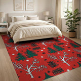 Festive Red Evergreen Bare Tree Pattern Area Rug
