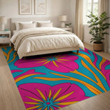 Vibrant Pink Hibiscus Teal Area Rug