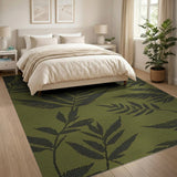 Olive Green Black Fern Leaf Area Rug