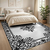 Ornate Floral Black White Area Rug