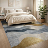 Abstract Wave Gold Accent Grey Navy Area Rug