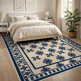 Navy Floral Motif Beige Persian Area Rug