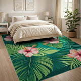 Teal Hibiscus Palm Leaves Coastal Area Rug