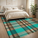 Teal Brown Plaid Rustic Area Rug