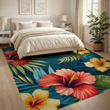 ODIKA Tropical Red & Yellow Hibiscus Washable Rug - Low Pile Non-Slip Floral Area Rug
