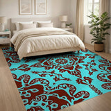 Teal Persian Area Rug with Maroon Floral Motifs