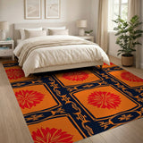 Vibrant Red Floral on Orange Navy Frame Rug