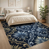 Navy Blue Damask Acanthus Leaf Rug