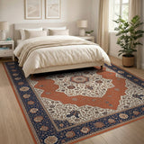Medallion Blue and Teal Navy Blue Traditional Persian Medallion Rug