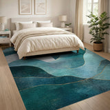 Teal Wave Abstract Area Rug with Gold Accents