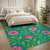 Vibrant Pink Daisy Floral Teal Area Rug