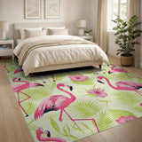 Playful Pink Flamingo Palm Leaf Area Rug