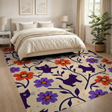 Whimsical Black Cats Purple Flowers Area Rug