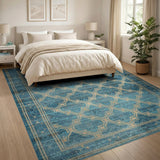 Teal Blue Geometric Trellis Area Rug