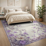 ODIKA Vintage Lilac Floral Washable Area Rug - Low Pile Non-Slip Aesthetic Carpet