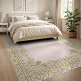 Ornate Gold Floral Border Pink Area Rug