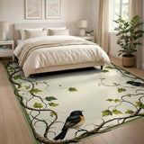 ODIKA Vintage Botanical Bird and Vine Border Washable Low Pile Non-Slip Area Rug