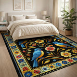 Vibrant Blue Birds Golden Flowers Area Rug