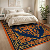 Ornate Navy Persian Area Rug with Orange Borders