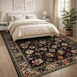 Black Persian Floral Area Rug with Red Gold Accents