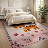 Kids Cartoon Pink Playful Pink Cartoon Tiger Area Rug