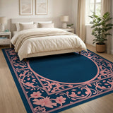 Ornate Pink Floral Navy Blue Frame Area Rug