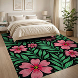 Pink Vibrant Pink Floral Area Rug with Green Leaves