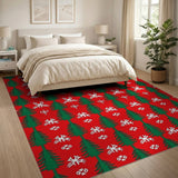 Festive Green Christmas Trees Snowflakes Red Area Rug