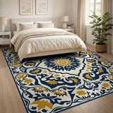 Navy and Gold Floral Medallion Persian Rug