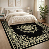 Gold and Silver Ornate Gold Medallion Black Area Rug