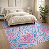 Pink Blue Abstract Floral Line Art Rug