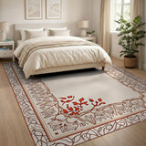 Ornate Beige Rug with Red Floral Border