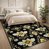 Golden Daisy Floral on Black Vintage Area Rug