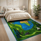 Kids World Map Green Area Rug with Trees Sailboat