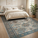 Teal Border Tribal Geometric Area Rug