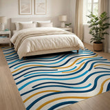 Wavy Blue and Gold Abstract Area Rug