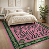 Pink Labyrinth Maze Area Rug with Ornate Green Border