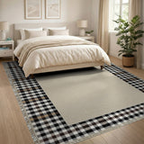 Beige Area Rug with Black Plaid Border Tassels